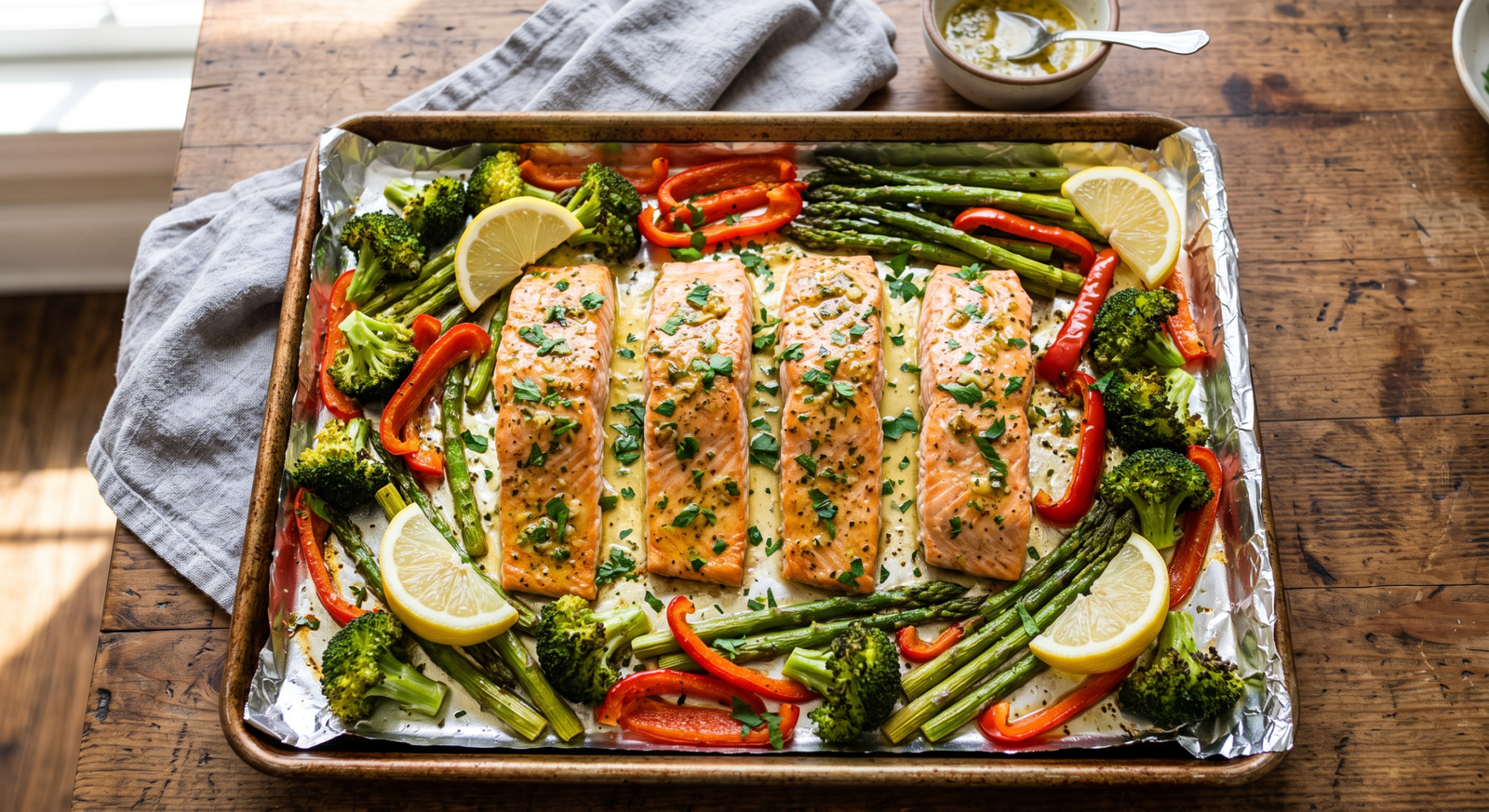 20-Minute Sheet Pan Garlic Butter Salmon & Veggies (Healthy Dinner Idea)