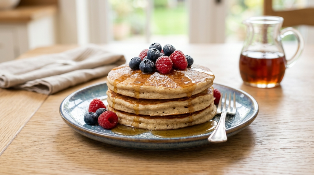 Stack of fluffy banana oat pancakes topped with fresh berries and maple syrup