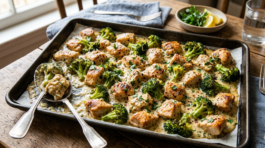 30-Minute Sheet Pan Creamy Garlic Chicken and Broccoli